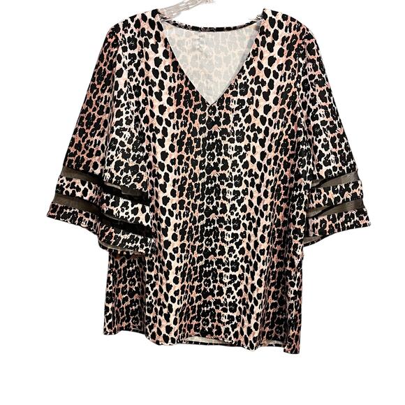 Luvamia V Neck 3/4 Bell Sleeve Animal Print Leopard Mesh Shirt Top - Picture 1 of 6